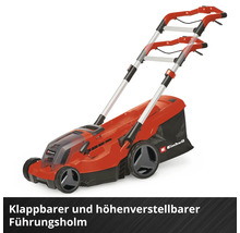 Einhell Rasenmäher in Rot und Schwarz mit klappbarem und höhenverstellbarem Führungsholm.