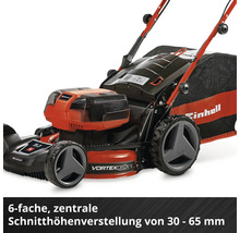 Einhell Rasenmäher mit 6-facher zentraler Schnitthöhenverstellung von 30 bis 65 Millimeter.
