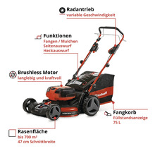 Einhell Akku-Rasenmäher mit Radantrieb, bürstenlosem Motor, 47 Zentimeter Schnittbreite und 75 Liter Fangkorb für Flächen bis 700 Quadratmeter.
