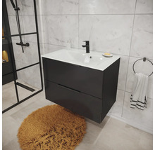 Meuble sous-vasque moderne suspendu anthracite avec deux tiroirs et lavabo blanc dans une salle de bain avec carrelage aspect marbre.