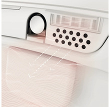 Vue détaillée d'un WC lavant avec séchage à air chaud et flèches illustrant le flux d'air.