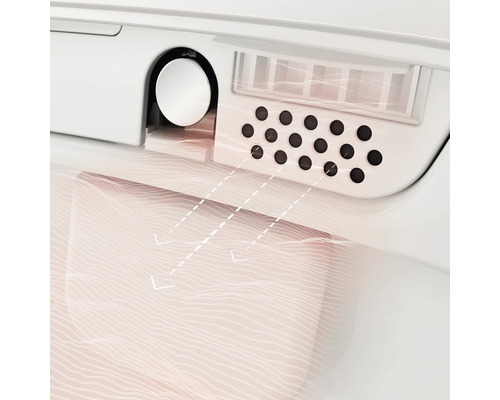 Vue détaillée d'un WC lavant avec séchage à air chaud et flèches illustrant le flux d'air.