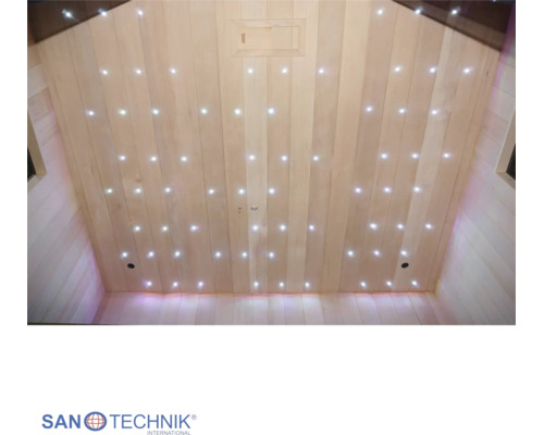 Saunadecke mit LED-Sternenhimmel-Effekt auf Holzpaneelen. Sanotechnik International Logo.