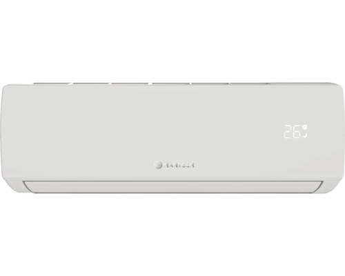 Weisse Wandklimaanlage Innengerät von Hantech mit digitaler Anzeige von 26 Grad.