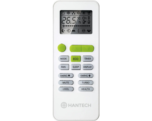 Télécommande Hantech pour climatiseurs avec écran numérique et touches pour le mode, la température et le ventilateur.