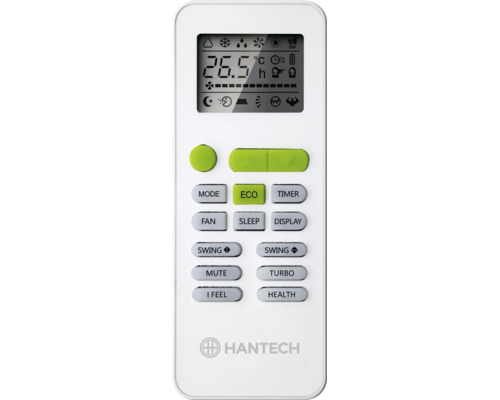 Télécommande pour climatiseur Hantech avec affichage numérique de 26.5 degrés Celsius et touches de fonction.