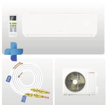 Climatiseur split Hantech avec unité intérieure, unité extérieure, télécommande et 5 mètres de tuyau avec raccord rapide.