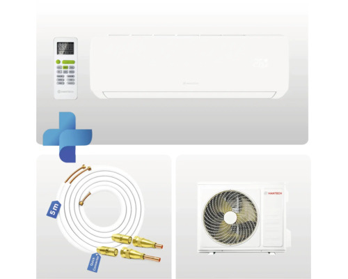 Climatiseur split Hantech avec unité intérieure, unité extérieure, télécommande et 5 mètres de tuyau avec raccord rapide.