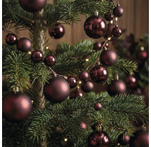 Weihnachtsbaum mit dunkelroten Christbaumkugeln in verschiedenen Grössen, matt und glänzend, mit einer Kugelgirlande und Lichtern dekoriert.