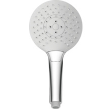 Pommeau de douche rond avec un disque de jet blanc et une poignée chromée.