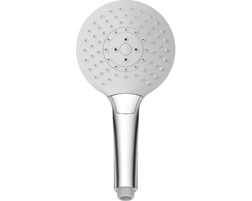 Pommeau de douche rond avec un disque de jet blanc et une poignée chromée.