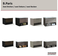 Ensembles de meubles de salle de bains Fackelmann B.Paris en diverses largeurs et décors avec lavabo, tiroir et niche. Logo Fackelmann Badmöbel.
