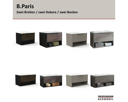 Ensembles de meubles de salle de bains Fackelmann B.Paris en diverses largeurs et décors avec lavabo, tiroir et niche. Logo Fackelmann Badmöbel.