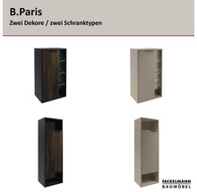 Fackelmann Badmöbel B.Paris: Hängeschrank mit Glaseinlegeböden und Hochschrank, jeweils in Holzoptik und Unifarbe erhältlich. Fackelmann Logo.