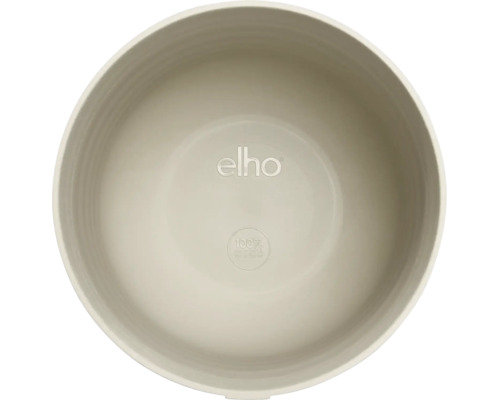 Vue de dessus d un pot de fleurs rond en plastique avec elho Logo et l indication 100 pour cent recyclable.