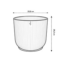 Pot de fleurs rond Elho avec motif à rainures verticales et dimensions : 22,0 centimètres de diamètre et 20,2 centimètres de hauteur.
