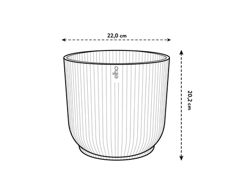 Pot de fleurs rond Elho avec motif à rainures verticales et dimensions : 22,0 centimètres de diamètre et 20,2 centimètres de hauteur.