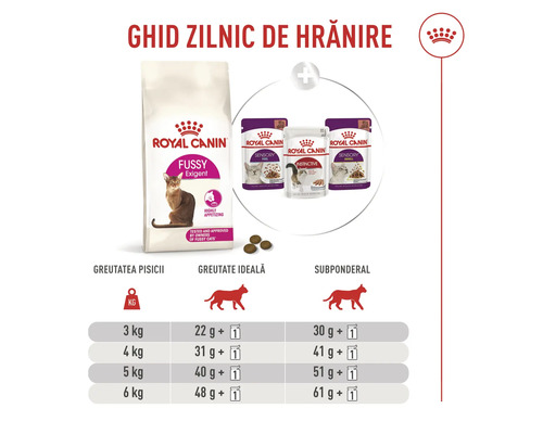 Guide d'alimentation pour nourriture pour chats Royal Canin Fussy Exigent avec portions quotidiennes selon le poids et la condition physique.