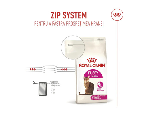 Aliment Royal Canin Fussy Exigent avec système de fermeture zip pour préserver la fraîcheur des croquettes.