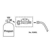 Schéma de raccordement pour une bouteille de gaz propane, un détendeur numéro 52452 et un tuyau de gaz.