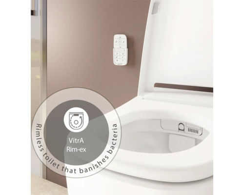 VitrA Dusch-WC Set V-Care Comfort Tiefspüler spülrandlos weiss glänzend mit VitrA Hygiene und VitrA Clean Beschichtung mit WC-Sitz 5674B403-6196