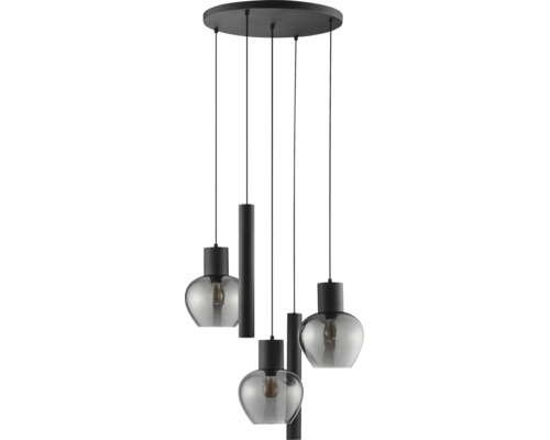 Moderne Hängeleuchte mit fünf Pendeln, bestehend aus drei Glaskugeln und zwei zylindrischen Elementen an einer runden Deckenplatte.