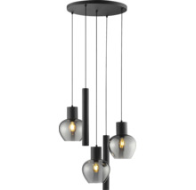 Moderne Pendelleuchte mit drei Lichtquellen und rauchfarbenen Glaskörpern an schwarzen Kabeln und runder Deckenbefestigung.