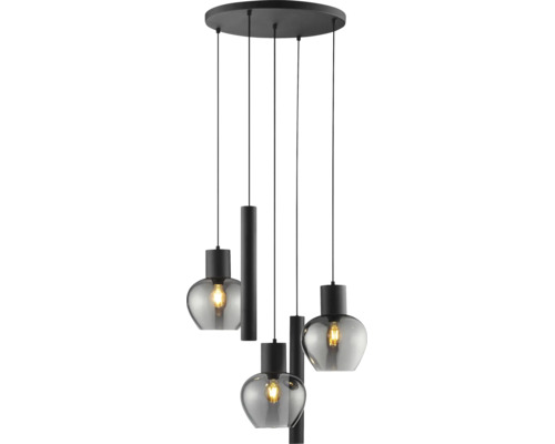 Moderne Pendelleuchte mit drei Lichtquellen und rauchfarbenen Glaskörpern an schwarzen Kabeln und runder Deckenbefestigung.