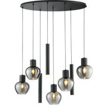 Suspension multi-lumières avec abat-jours en verre et éléments cylindriques sur une plaque de plafond ronde