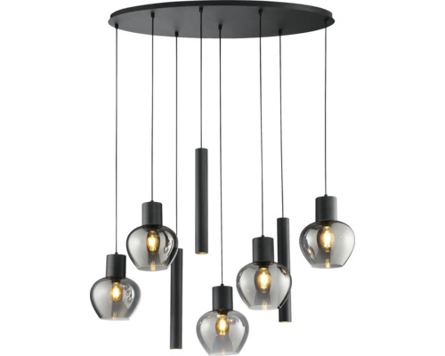 Suspension multi-lumières avec abat-jours en verre et éléments cylindriques sur une plaque de plafond ronde