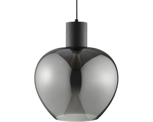 Suspension moderne avec abat-jour en verre bombé et douille sur un câble.