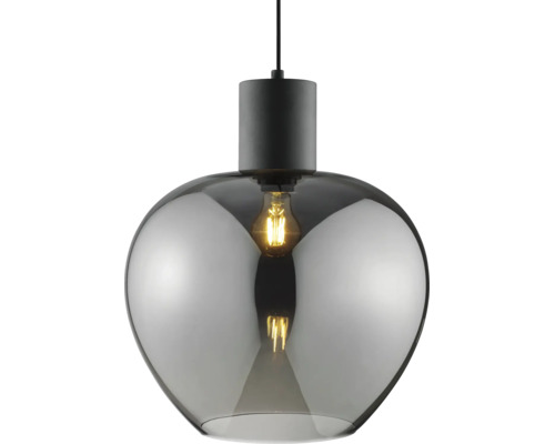 Suspension moderne avec abat-jour en verre bombé et ampoule visible.