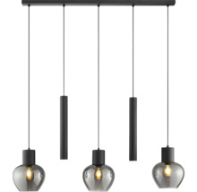Suspension moderne avec cinq sources lumineuses et boules en verre fumé sur une barre de plafond rectangulaire.