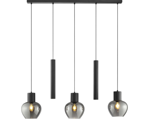 Suspension moderne avec cinq sources lumineuses et boules en verre fumé sur une barre de plafond rectangulaire.
