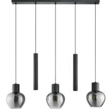 Suspension moderne à cinq sources lumineuses, composée de trois boules en verre et deux tiges métalliques cylindriques sur un support rectangulaire.
