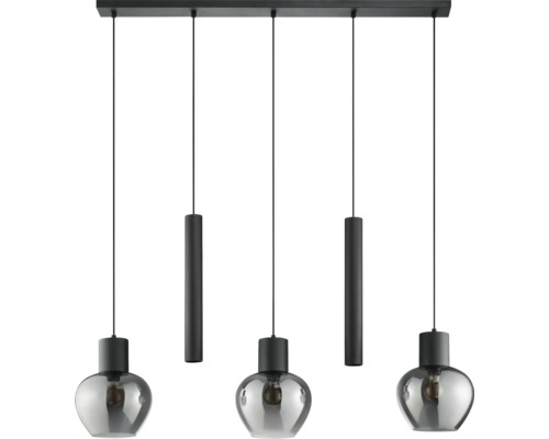 Suspension moderne à cinq sources lumineuses, composée de trois boules en verre et deux tiges métalliques cylindriques sur un support rectangulaire.