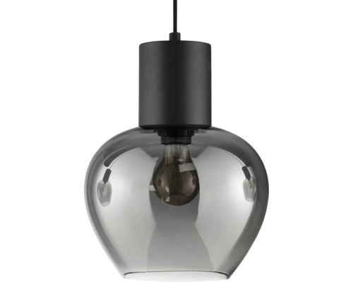 Suspension moderne avec un abat-jour en verre teinté et un support noir pour une ampoule avec culot E27