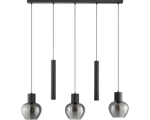 Suspension moderne avec cinq éléments lumineux, trois sphères en verre et deux corps métalliques cylindriques sur un support rectangulaire.
