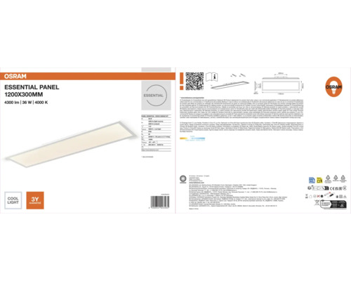 Osram LED Panel Essential, 1200 mal 300 Millimeter, 36 Watt, 4300 Lumen, 4000 Kelvin, kaltweißes Licht, drei Jahre Garantie.