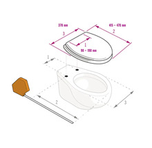 Maßzeichnung für einen Toilettensitz mit Breite 370 Millimeter, Länge 415 bis 470 Millimeter und Lochabstand 90 bis 190 Millimeter.