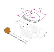 Masszeichnung eines WC-Sitzes: Breite 375 Millimeter, Länge 438 Millimeter, Scharnierabstand 114 bis 196 Millimeter.
