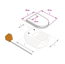 Maßzeichnung für WC-Sitz und WC-Becken mit Maßen: Breite 368 Millimeter, Länge 452 Millimeter und Lochabstand 221 Millimeter.