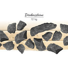 Pierres de sauna en diabase, paquet de 12 kilogrammes, différentes formes et tailles en pierre naturelle grise.