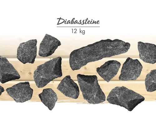 Pierres de sauna en diabase, paquet de 12 kilogrammes, différentes formes et tailles en pierre naturelle grise.
