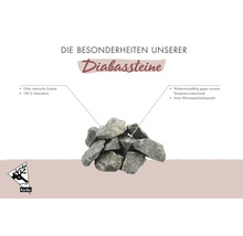 Logo Karibu. Pierres de diabase pour sauna, 100 pour cent pierre naturelle, sans additifs chimiques, résistantes à la chaleur avec haute capacité thermique.