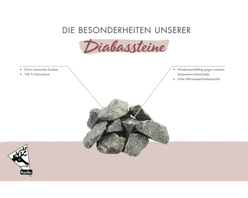 Logo Karibu. Pierres de diabase pour sauna, 100 pour cent pierre naturelle, sans additifs chimiques, résistantes à la chaleur avec haute capacité thermique.