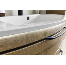Meuble sous-vasque aspect bois avec vasque incurvée, éclairage LED et poignée noire.