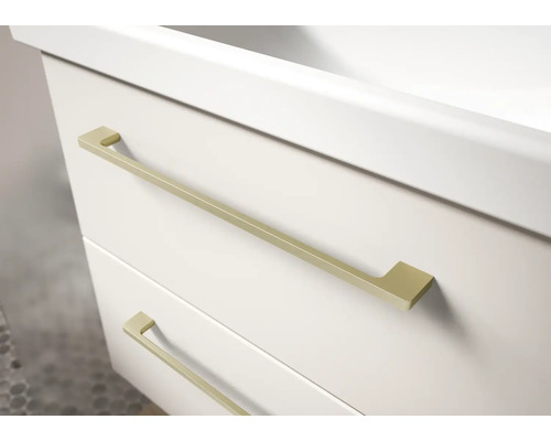 Weisser Waschtischunterschrank mit zwei Schubladen und schmalen, goldfarbenen Metallgriffen.