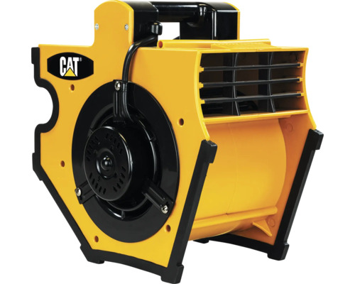 Gelb-schwarzer CAT Industrie-Ventilator aus Kunststoff mit Tragegriff, verstellbarem Luftauslass und Caterpillar Logo.