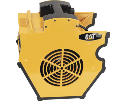 Caterpillar Baugebläse mit rundem Lüftungsgitter, Tragegriff und CAT Logo.